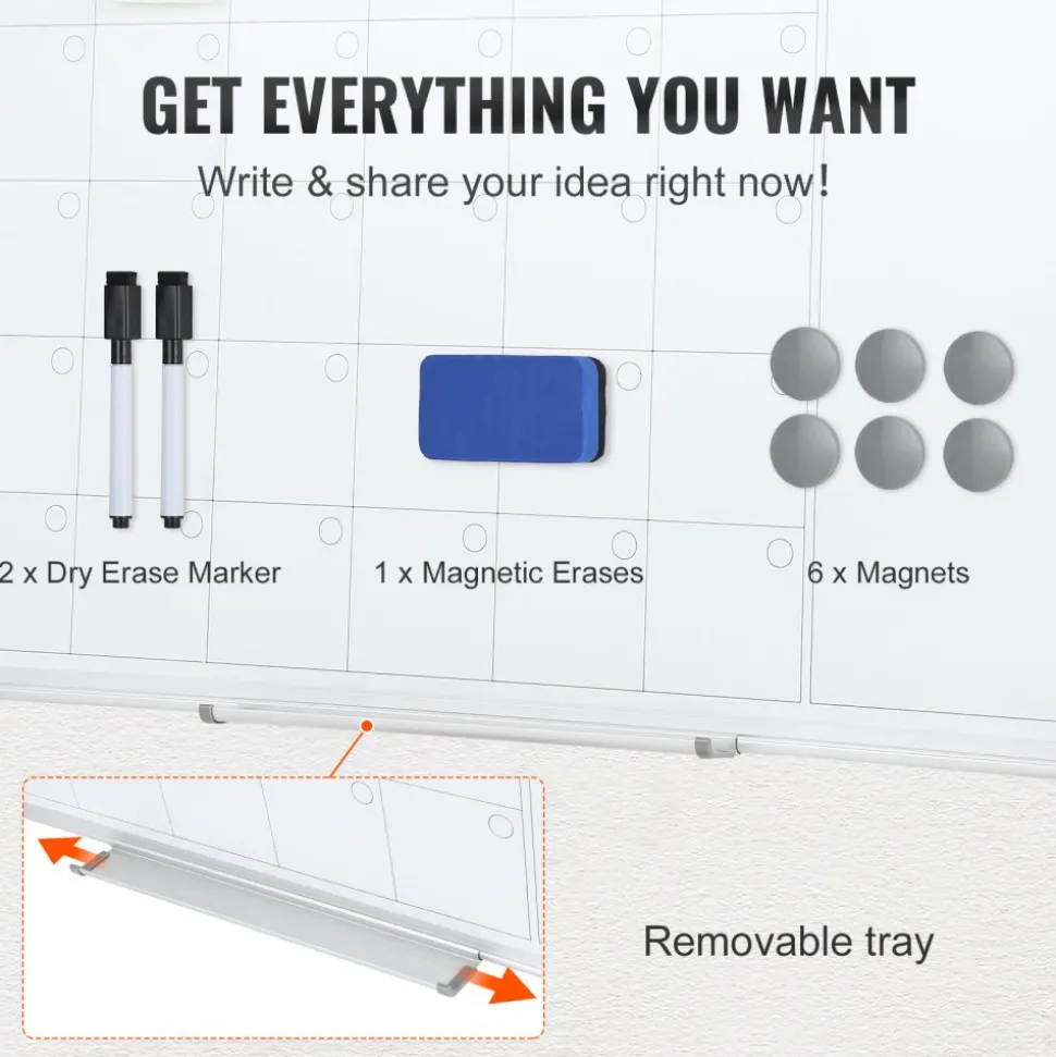 VEVOR Calendar Whiteboard, 36 x 24 Inches Magnetic Dry Erase Calendar Board, Monthly Planner Whiteboard for Wall, 1 Magnetic Erase & 2 Dry Erase Marker & Movable Tray for Restaurant Office Home School