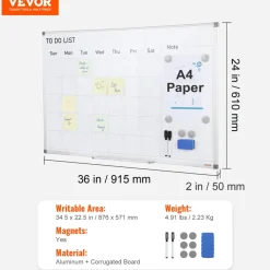VEVOR Calendar Whiteboard, 36 x 24 Inches Magnetic Dry Erase Calendar Board, Monthly Planner Whiteboard for Wall, 1 Magnetic Erase & 2 Dry Erase Marker & Movable Tray for Restaurant Office Home School