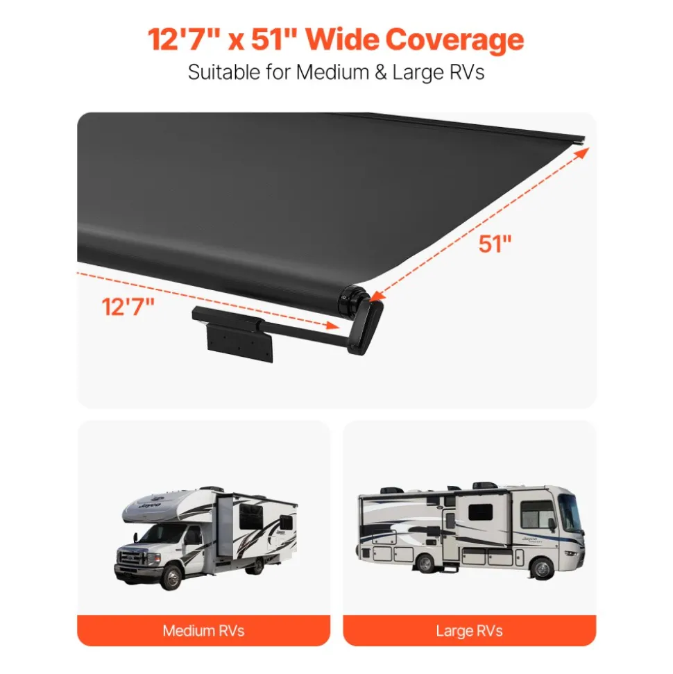VEVOR Camper Awning Fabric Replacement, 7" to 12', Weatherproof Durable Slide Topper Awning with Bracket, Heavy Duty Slide Topper Awning with Stainless Steel Material, Fit for RV & Motorhome(Black)