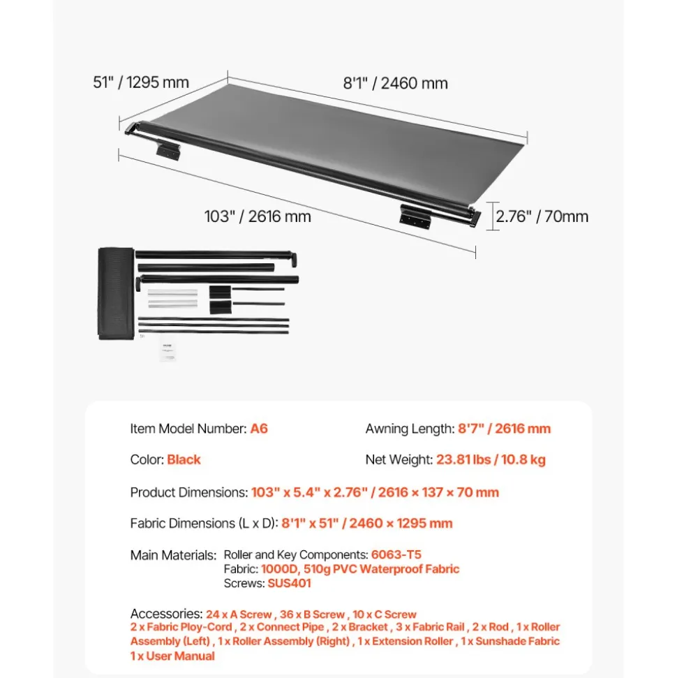 VEVOR Camper Awning Fabric Replacement, 7" to 13', Weatherproof Durable Slide Topper Awning with Bracket, Heavy Duty Slide Topper Awning with Stainless Steel Material, Fit for RV & Motorhome(White)