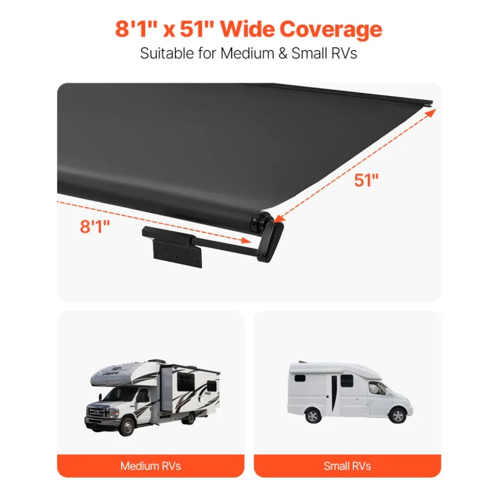 VEVOR Camper Awning Fabric Replacement, 7" to 13', Weatherproof Durable Slide Topper Awning with Bracket, Heavy Duty Slide Topper Awning with Stainless Steel Material, Fit for RV & Motorhome(White)