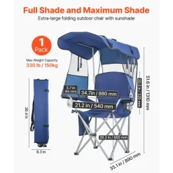 VEVOR Camping Chair with Canopy Shade, Folding Beach Chair with Canopy & Magazine Pocket, 2 Cup Holders, 330 lbs Heavy Duty Support, Carry Bags for Outdoor, Camp, Fishing, Tailgates, Deep Blue