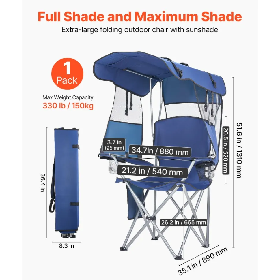 VEVOR Camping Chair with Canopy Shade, Folding Beach Chair with Canopy & Magazine Pocket, 2 Cup Holders, 330 lbs Heavy Duty Support, Carry Bags for Outdoor, Camp, Fishing, Tailgates, Deep Blue