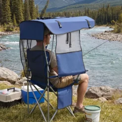 VEVOR Camping Chair with Canopy Shade, Folding Beach Chair with Canopy & Magazine Pocket, 2 Cup Holders, 330 lbs Heavy Duty Support, Carry Bags for Outdoor, Camp, Fishing, Tailgates, Deep Blue