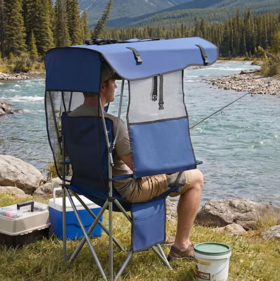 VEVOR Camping Chair with Canopy Shade, Folding Beach Chair with Canopy & Magazine Pocket, 2 Cup Holders, 330 lbs Heavy Duty Support, Carry Bags for Outdoor, Camp, Fishing, Tailgates, Deep Blue