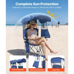 VEVOR Camping Chair with Canopy Shade, Folding Beach Chair with Canopy & Magazine Pocket, 2 Cup Holders, 330 lbs Heavy Duty Support, Carry Bags for Outdoor, Camp, Fishing, Tailgates, Deep Blue