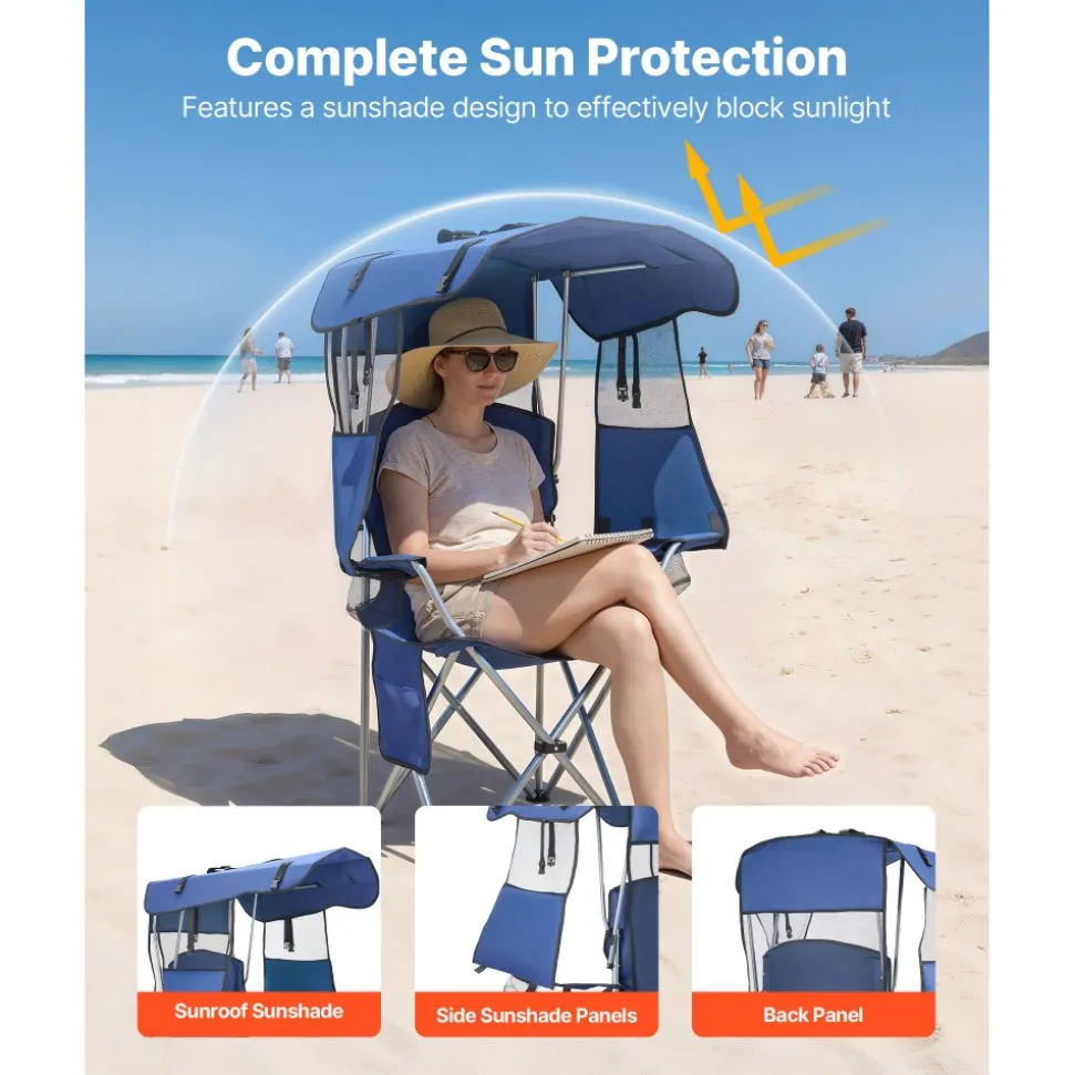 VEVOR Camping Chair with Canopy Shade, Folding Beach Chair with Canopy & Magazine Pocket, 2 Cup Holders, 330 lbs Heavy Duty Support, Carry Bags for Outdoor, Camp, Fishing, Tailgates, Deep Blue