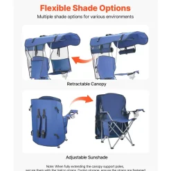 VEVOR Camping Chair with Canopy Shade, Folding Beach Chair with Canopy & Magazine Pocket, 2 Cup Holders, 330 lbs Heavy Duty Support, Carry Bags for Outdoor, Camp, Fishing, Tailgates, Deep Blue