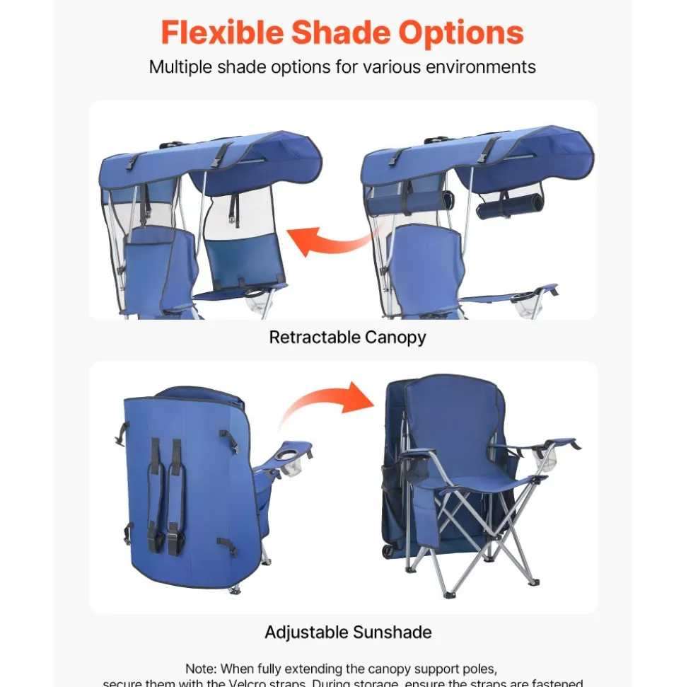 VEVOR Camping Chair with Canopy Shade, Folding Beach Chair with Canopy & Magazine Pocket, 2 Cup Holders, 330 lbs Heavy Duty Support, Carry Bags for Outdoor, Camp, Fishing, Tailgates, Deep Blue