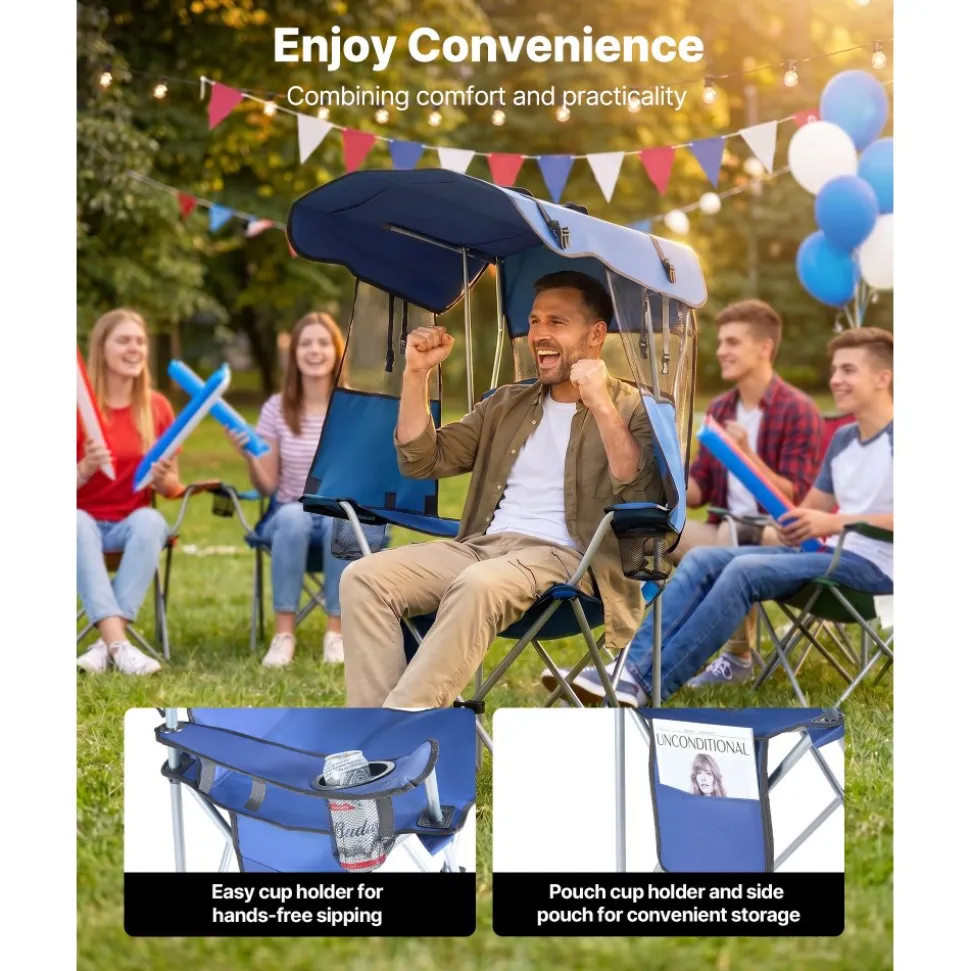 VEVOR Camping Chair with Canopy Shade, Folding Beach Chair with Canopy & Magazine Pocket, 2 Cup Holders, 330 lbs Heavy Duty Support, Carry Bags for Outdoor, Camp, Fishing, Tailgates, Deep Blue