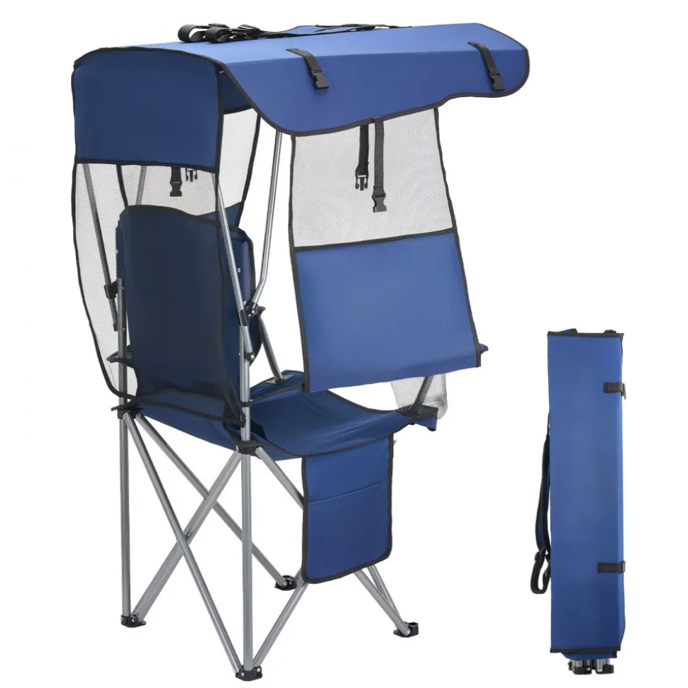 VEVOR Camping Chair with Canopy Shade, Folding Beach Chair with Canopy & Magazine Pocket, 2 Cup Holders, 330 lbs Heavy Duty Support, Carry Bags for Outdoor, Camp, Fishing, Tailgates, Deep Blue