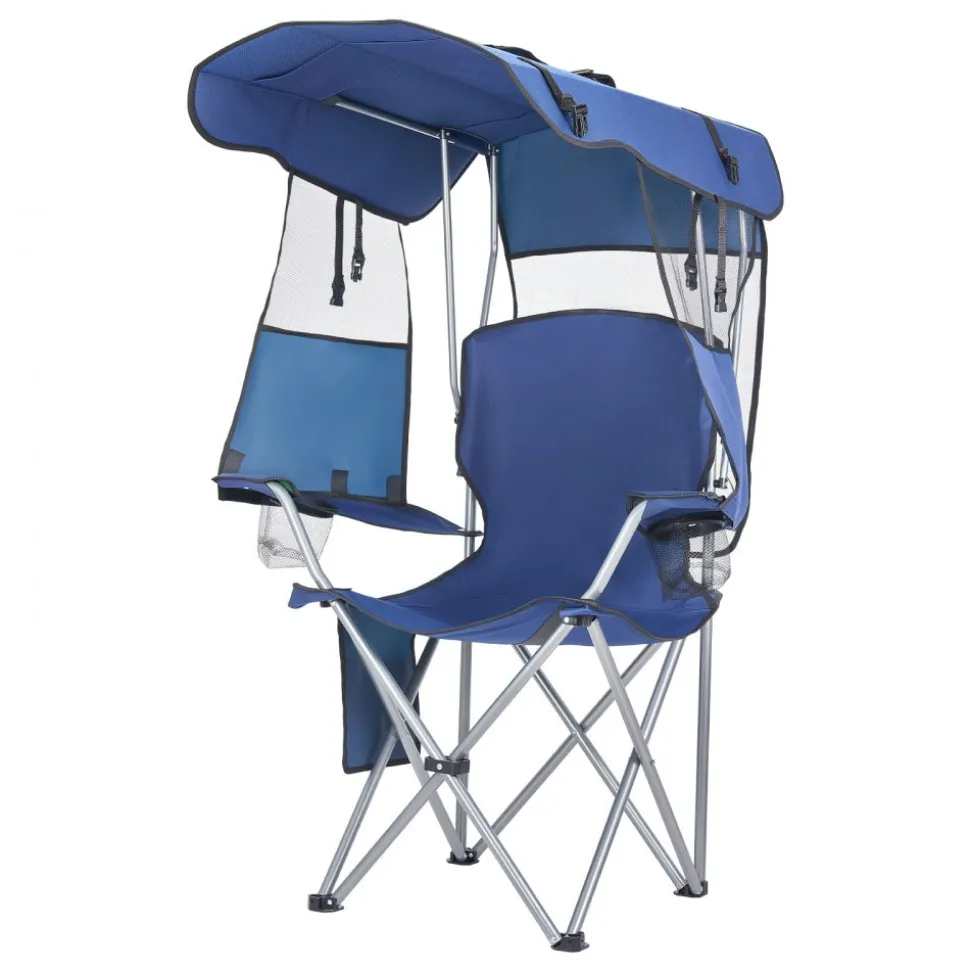 VEVOR Camping Chair with Canopy Shade, Folding Beach Chair with Canopy & Magazine Pocket, 2 Cup Holders, 330 lbs Heavy Duty Support, Carry Bags for Outdoor, Camp, Fishing, Tailgates, Deep Blue