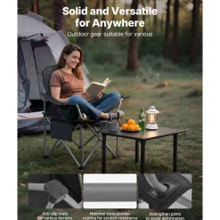 VEVOR Camping Folding Chair for Adults, Portable Heavy Duty Outdoor Quad Lumbar Back Padded Arm Chairs with Side Pockets, Cup Holder and Cooler Bag for Beach, Lawn, Picnic, Fishing, Backpacking, Black