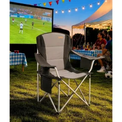 VEVOR Camping Folding Chair for Adults, Portable Heavy Duty Outdoor Quad Lumbar Back Padded Arm Chairs with Side Pockets, Cup Holder and Cooler Bag for Beach, Lawn, Picnic, Fishing, Backpacking, Black
