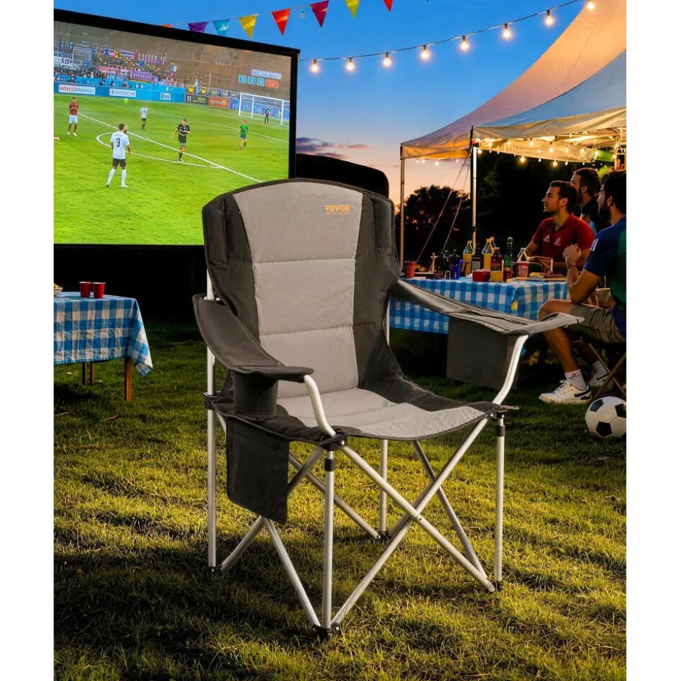 VEVOR Camping Folding Chair for Adults, Portable Heavy Duty Outdoor Quad Lumbar Back Padded Arm Chairs with Side Pockets, Cup Holder and Cooler Bag for Beach, Lawn, Picnic, Fishing, Backpacking, Black