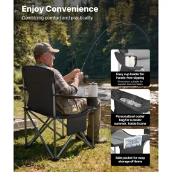 VEVOR Camping Folding Chair for Adults, Portable Heavy Duty Outdoor Quad Lumbar Back Padded Arm Chairs with Side Pockets, Cup Holder and Cooler Bag for Beach, Lawn, Picnic, Fishing, Backpacking, Black