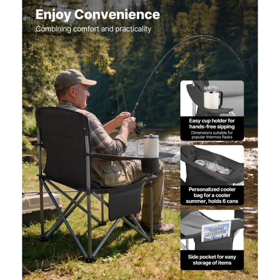 VEVOR Camping Folding Chair for Adults, Portable Heavy Duty Outdoor Quad Lumbar Back Padded Arm Chairs with Side Pockets, Cup Holder and Cooler Bag for Beach, Lawn, Picnic, Fishing, Backpacking, Black