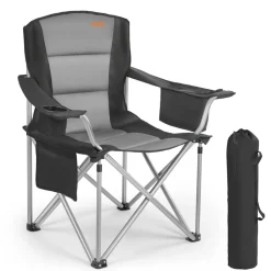 VEVOR Camping Folding Chair for Adults, Portable Heavy Duty Outdoor Quad Lumbar Back Padded Arm Chairs with Side Pockets, Cup Holder and Cooler Bag for Beach, Lawn, Picnic, Fishing, Backpacking, Black