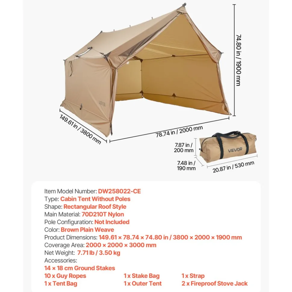 VEVOR Camping Hot Tent, 2 Persons Cabin Hot Tent with Stove Jack, Waterproof Winter Tents Shelters with Vents, Lightweight & Portable 4 Season Tents for Hiking Fishing Hunting Backpacking