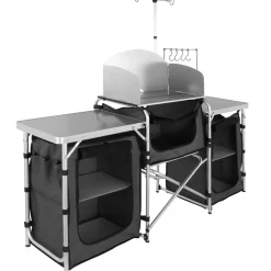 VEVOR Camping Kitchen Table, Folding Outdoor Cooking Table with Storage Carrying Bag, Aluminum Cook Station 3 Cupboard & Detachable Windscreen, Quick Set-up for Picnics, BBQ, RV Traveling, Black