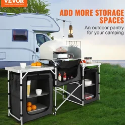 VEVOR Camping Kitchen Table, Folding Outdoor Cooking Table with Storage Carrying Bag, Aluminum Cook Station 3 Cupboard & Detachable Windscreen, Quick Set-up for Picnics, BBQ, RV Traveling, Black