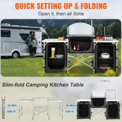 VEVOR Camping Kitchen Table, Folding Outdoor Cooking Table with Storage Carrying Bag, Aluminum Cook Station 3 Cupboard & Detachable Windscreen, Quick Set-up for Picnics, BBQ, RV Traveling, Black