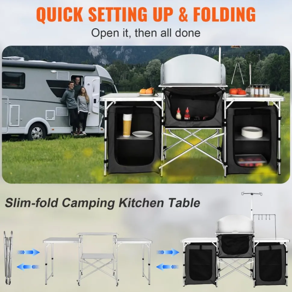 VEVOR Camping Kitchen Table, Folding Outdoor Cooking Table with Storage Carrying Bag, Aluminum Cook Station 3 Cupboard & Detachable Windscreen, Quick Set-up for Picnics, BBQ, RV Traveling, Black