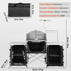 VEVOR Camping Kitchen Table, Folding Outdoor Cooking Table with Storage Carrying Bag, Aluminum Cook Station 3 Cupboard & Detachable Windscreen, Quick Set-up for Picnics, BBQ, RV Traveling, Black