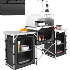 VEVOR Camping Kitchen Table, Folding Outdoor Cooking Table with Storage Carrying Bag, Aluminum Cook Station 3 Cupboard & Detachable Windscreen, Quick Set-up for Picnics, BBQ, RV Traveling, Black