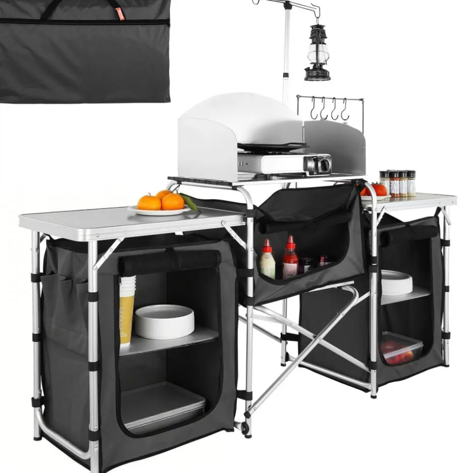 VEVOR Camping Kitchen Table, Folding Outdoor Cooking Table with Storage Carrying Bag, Aluminum Cook Station 3 Cupboard & Detachable Windscreen, Quick Set-up for Picnics, BBQ, RV Traveling, Black