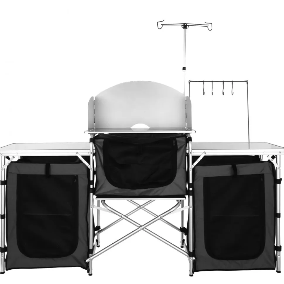 VEVOR Camping Kitchen Table, Folding Outdoor Cooking Table with Storage Carrying Bag, Aluminum Cook Station 3 Cupboard & Detachable Windscreen, Quick Set-up for Picnics, BBQ, RV Traveling, Black