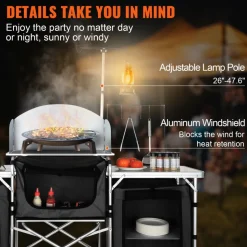 VEVOR Camping Kitchen Table, Folding Outdoor Cooking Table with Storage Carrying Bag, Aluminum Cook Station 3 Cupboard & Detachable Windscreen, Quick Set-up for Picnics, BBQ, RV Traveling, Black