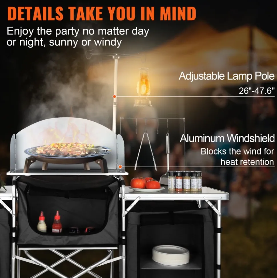 VEVOR Camping Kitchen Table, Folding Outdoor Cooking Table with Storage Carrying Bag, Aluminum Cook Station 3 Cupboard & Detachable Windscreen, Quick Set-up for Picnics, BBQ, RV Traveling, Black