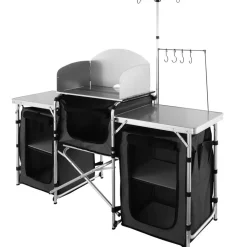 VEVOR Camping Kitchen Table, Folding Outdoor Cooking Table with Storage Carrying Bag, Aluminum Cook Station 3 Cupboard & Detachable Windscreen, Quick Set-up for Picnics, BBQ, RV Traveling, Black