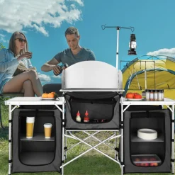 VEVOR Camping Kitchen Table, Folding Outdoor Cooking Table with Storage Carrying Bag, Aluminum Cook Station 3 Cupboard & Detachable Windscreen, Quick Set-up for Picnics, BBQ, RV Traveling, Black