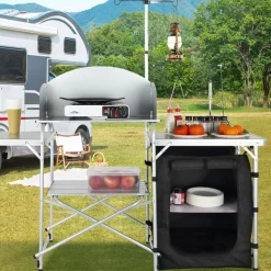 VEVOR Camping Kitchen Table, Folding Outdoor Cooking Table with Storage Carrying Bag, Aluminum Cook Station 1 Cupboard & Detachable Windscreen, Quick Set-up for Picnics, BBQ, RV Traveling, Black