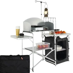 VEVOR Camping Kitchen Table, Folding Outdoor Cooking Table with Storage Carrying Bag, Aluminum Cook Station 1 Cupboard & Detachable Windscreen, Quick Set-up for Picnics, BBQ, RV Traveling, Black