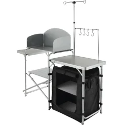 VEVOR Camping Kitchen Table, Folding Outdoor Cooking Table with Storage Carrying Bag, Aluminum Cook Station 1 Cupboard & Detachable Windscreen, Quick Set-up for Picnics, BBQ, RV Traveling, Black