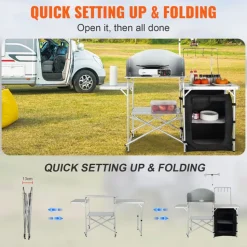 VEVOR Camping Kitchen Table, Folding Outdoor Cooking Table with Storage Carrying Bag, Aluminum Cook Station 1 Cupboard & Detachable Windscreen, Quick Set-up for Picnics, BBQ, RV Traveling, Black