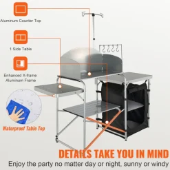 VEVOR Camping Kitchen Table, Folding Outdoor Cooking Table with Storage Carrying Bag, Aluminum Cook Station 1 Cupboard & Detachable Windscreen, Quick Set-up for Picnics, BBQ, RV Traveling, Black