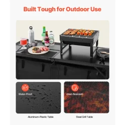 VEVOR Camping Kitchen Table, Folding Outdoor Cooking Table, 3 Adjustable Heights, Aluminum Lightweight Portable Cook Station with Storage Organizer, Carry Handle, for BBQ Party Picnic RV Travel, Black