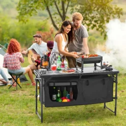 VEVOR Camping Kitchen Table, Folding Outdoor Cooking Table, 3 Adjustable Heights, Aluminum Lightweight Portable Cook Station with Storage Organizer, Carry Handle, for BBQ Party Picnic RV Travel, Black