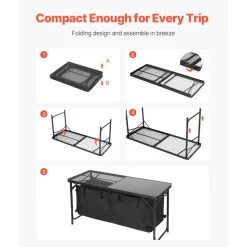 VEVOR Camping Kitchen Table, Folding Outdoor Cooking Table, 3 Adjustable Heights, Aluminum Lightweight Portable Cook Station with Storage Organizer, Carry Handle, for BBQ Party Picnic RV Travel, Black