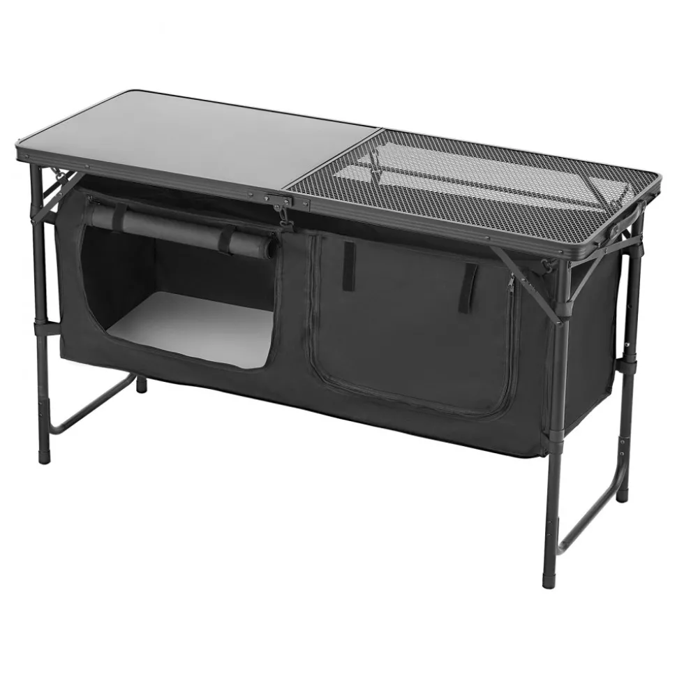VEVOR Camping Kitchen Table, Folding Outdoor Cooking Table, 3 Adjustable Heights, Aluminum Lightweight Portable Cook Station with Storage Organizer, Carry Handle, for BBQ Party Picnic RV Travel, Black