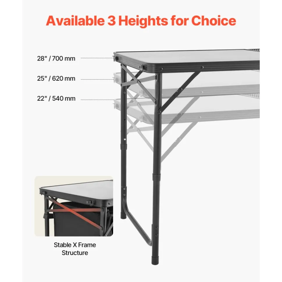 VEVOR Camping Kitchen Table, Folding Outdoor Cooking Table, 3 Adjustable Heights, Aluminum Lightweight Portable Cook Station with Storage Organizer, Carry Handle, for BBQ Party Picnic RV Travel, Black