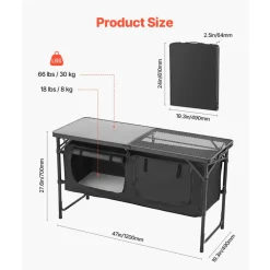 VEVOR Camping Kitchen Table, Folding Outdoor Cooking Table, 3 Adjustable Heights, Aluminum Lightweight Portable Cook Station with Storage Organizer, Carry Handle, for BBQ Party Picnic RV Travel, Black