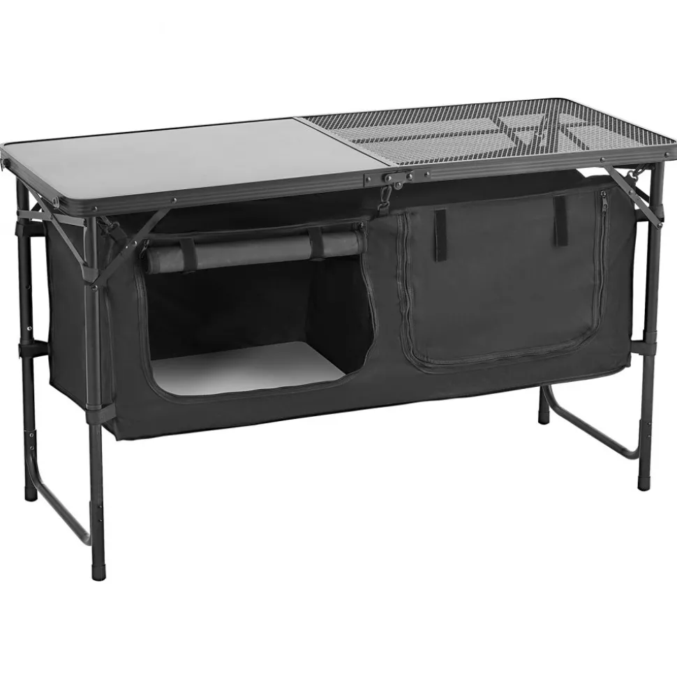 VEVOR Camping Kitchen Table, Folding Outdoor Cooking Table, 3 Adjustable Heights, Aluminum Lightweight Portable Cook Station with Storage Organizer, Carry Handle, for BBQ Party Picnic RV Travel, Black
