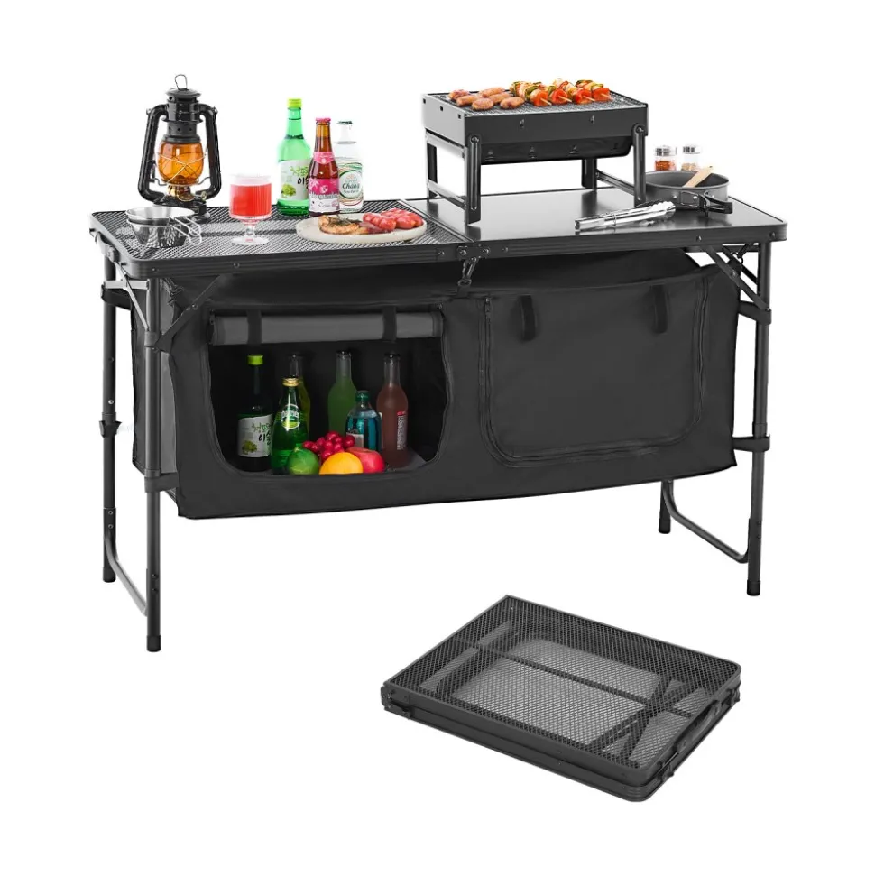 VEVOR Camping Kitchen Table, Folding Outdoor Cooking Table, 3 Adjustable Heights, Aluminum Lightweight Portable Cook Station with Storage Organizer, Carry Handle, for BBQ Party Picnic RV Travel, Black