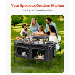 VEVOR Camping Kitchen Table, Folding Outdoor Cooking Table, 3 Adjustable Heights, Aluminum Lightweight Portable Cook Station with Storage Organizer, Carry Handle, for BBQ Party Picnic RV Travel, Black