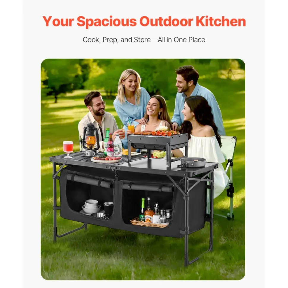VEVOR Camping Kitchen Table, Folding Outdoor Cooking Table, 3 Adjustable Heights, Aluminum Lightweight Portable Cook Station with Storage Organizer, Carry Handle, for BBQ Party Picnic RV Travel, Black